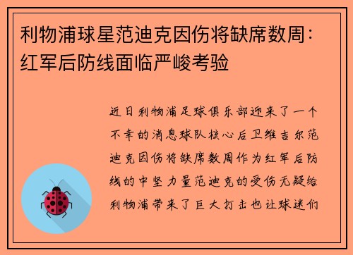 利物浦球星范迪克因伤将缺席数周：红军后防线面临严峻考验