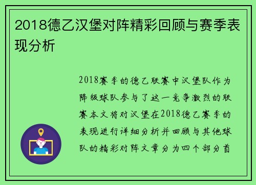 2018德乙汉堡对阵精彩回顾与赛季表现分析