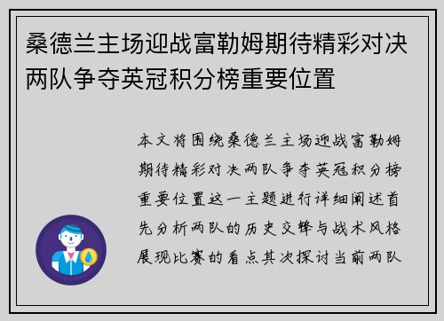 桑德兰主场迎战富勒姆期待精彩对决两队争夺英冠积分榜重要位置