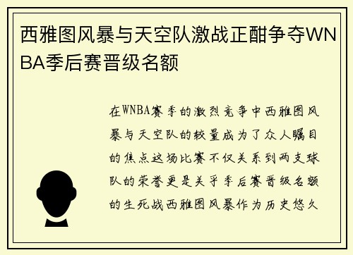 西雅图风暴与天空队激战正酣争夺WNBA季后赛晋级名额