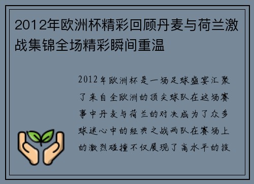 2012年欧洲杯精彩回顾丹麦与荷兰激战集锦全场精彩瞬间重温