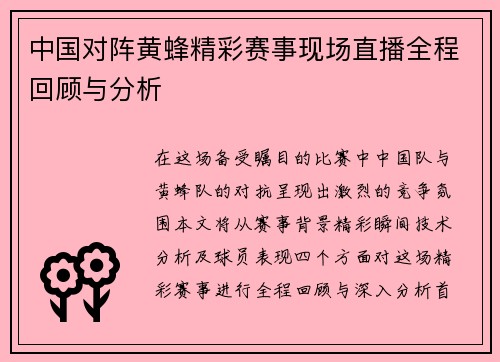 中国对阵黄蜂精彩赛事现场直播全程回顾与分析